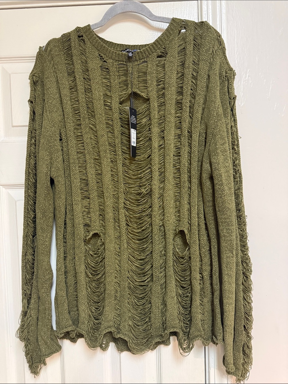 Fashion Nova Courtney Destroyed Extensive Ripped Shredded knit Sweater in Olive